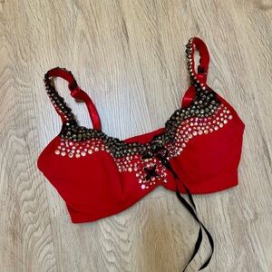 Rhinestoned Red Bra with Black Lace